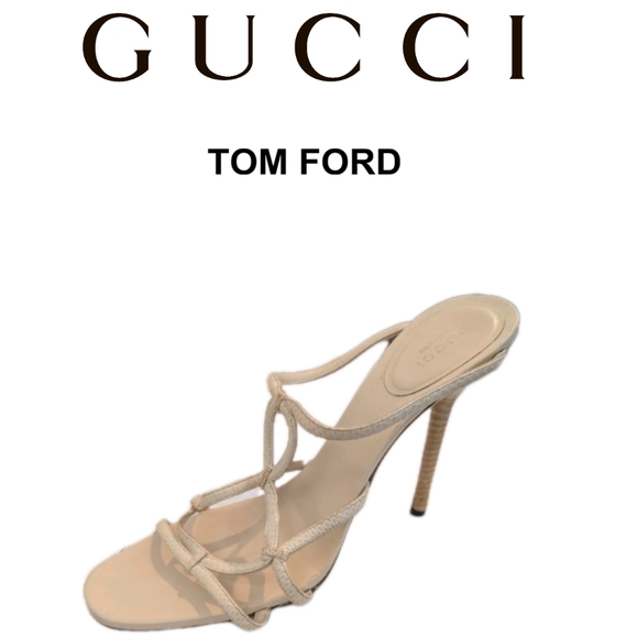 Authentic Gucci 90's Y2K "Tom Ford" Strappy Cream Open Toe Leather Heel Size:9B - Picture 1 of 16